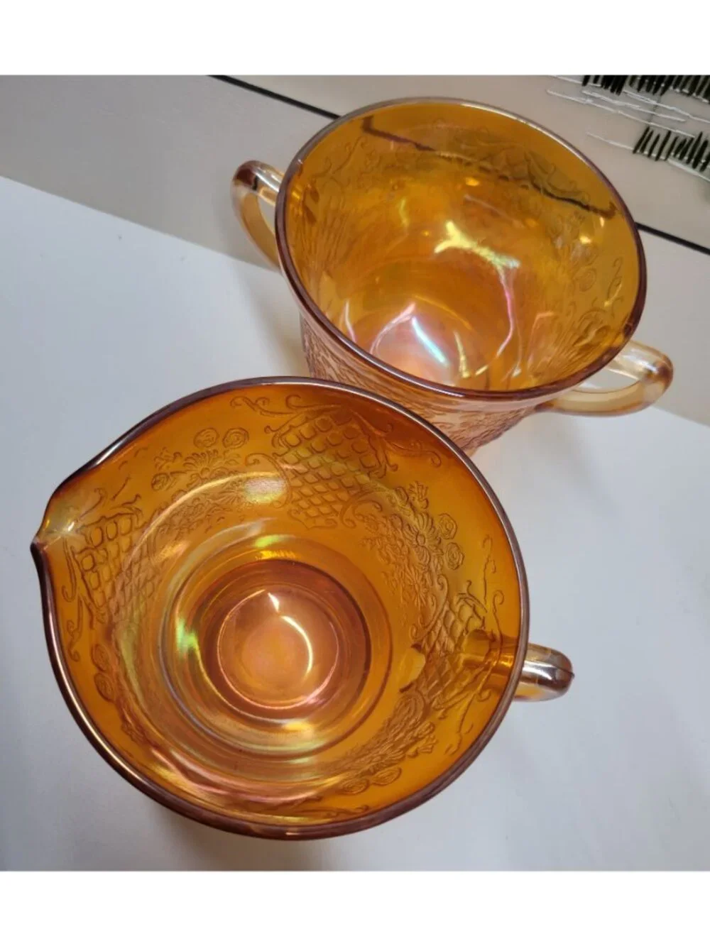 Normandie Iridescent Carnival Glass Sugar & Creamer Set Federal Glass Vintage